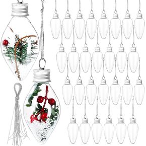 Patelai 30 Pieces Christmas Fillable Ornaments Crafts Clear Glass Plastic Light Bulbs Hanging Ornaments, Ball Ornaments with Screw Off Caps and Silver Rope for Christmas Tree Decoration DIY Crafts