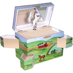 Hide Away Horse Musical Jewelry Box for Boys and Girls White Horse Spins to Music 4 Pullout Drawers