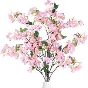 Sggvecsy Artificial Cherry Blossom Flowers 3 Pcs Faux Cherry Blossom Stems Faux Silk Cherry Blossom Branches 35.4’’ Fake Flowers Long Stems for Vase Arrangements Home Wedding Table Decor (White)