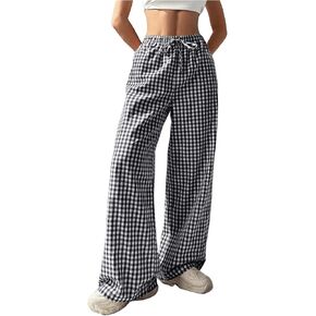 MakeMeChic Women's Plaid Elastic Waist Wide Leg Straight Sweatpants Loose Baggy Pants Trousers