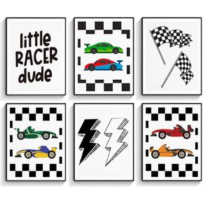 HDXUFJQ 6Pcs Race Car Room Wall Art for Boys Little Racer Dude Posters Prints Race Car Canvas Wall Decor Car Room Decor For Boys Car Pictures Wall Decor for Boy Bedroom Decor Unframed(8"x10")