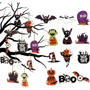 Gerrii 12 Pcs Halloween Wooden Hanging Ornaments Rustic Halloween Tree Decorations Trick or Treat Ghost Ornaments for Halloween Party Decorations Indoor Home Decor