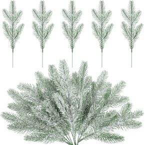 30 Pcs Snow Frosted Pine Branches Christmas Artificial Pine Leaves Branches Fake Greenery Plants Pine Sprigs Green Christmas Tree Picks Faux Greenery Stems for DIY Garland Crafts Winter Decorations