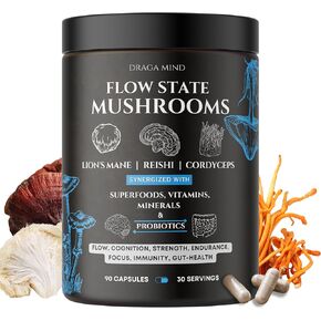 Flow Mushroom Complex with Super Foods, Vitamins and Minerals | Cordyceps, Lions Mane and Reishi Extract | Shilajit, Ashwagandha, Astaxanthin, Vitamin D3 + K2, Magnesium L threonate