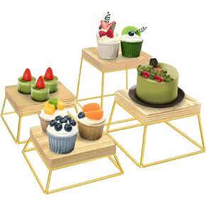 Set of 4 Wood Buffet Risers, Square Retail Food Display Risers for Party, Burnt Wood & Black Metal Wire Pizza Stands for Serving
