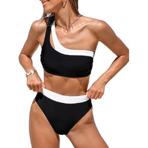 CUPSHE Women's Bikini Sets Two Piece Swimsuit High Waisted One Shoulder Neck Cutout Color Block Cheeky