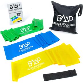Black Mountain Products Therapy Exercise Bands with Resistance Band Carrying Case, Door Anchor and Starter Guide, Yellow, Blue, Green
