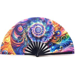 Rave Fan: Cooling Handcrafted Bamboo and Oxfold Cloth Folding Fan - Ideal for Festivals, Events, and Dance Lovers - Durable, Portable, Stylish, Vivid UV Reactive Colors - Distinct Clacking Sound, Starry Night Homage Montage