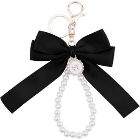 Pink Pearl Chain Bow Keychain for Women Girls White Pearl Keychain Wristlet for Purse Backpack Black Bow Charms