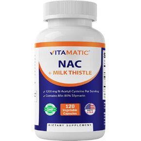 Vitamatic NAC Supplement N-Acetyl-L-Cysteine (NAC) with Milk Thistle 50:1 Extract - Supports Immune, Respiratory, Liver Health, 1200 mg per Serving, 120 Veg Capsules