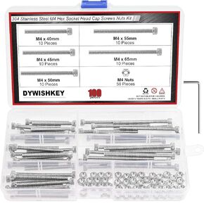DYWISHKEY 100 Pieces M4 x 40mm/45mm/50mm/55mm/65mm Stainless Steel 304 Hex Socket Head Cap Bolts and Nuts Kit