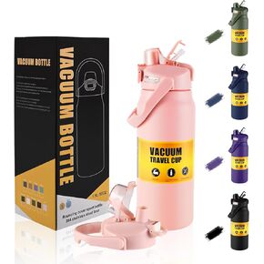 50oz/1.5L Insulated Sports Water Bottle, Stainless Steel Double Wall Water Jug with Handle, 2-in-1 Chug Spout and Straw Lid with Lock Cover for School, Outdoor, Sports & Travel, Pink