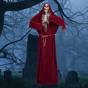82" Halloween Animated Hanging/Standing Grim Reaper Decoration, Life Size Skeleton with Light-up Eyes and Movable Arms for Haunted House Prop Decor, Outdoor/Indoor, Lawn Decorations
