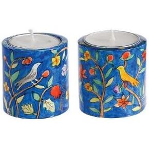 World Of Judaica Yair Emanuel Round Blue Bird Shabbat Candlesticks