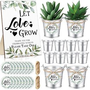 Zhehao 103 Pcs Wedding Favors for Guests Include 1 Greenery Let Love Grow Sign 50 Let Love Grow Tag 50 Small Wedding Mini Succulent Buckets with Hemp Ropes for Baby Shower Bridal Shower Party Favor