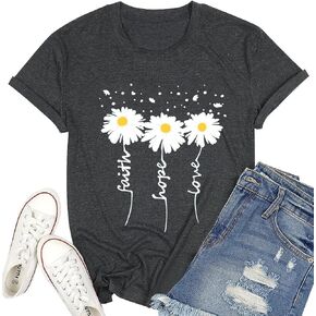 Cute Faith Hope Love T-Shirts for Womens Daisy Graphic Tee Funny Inspirational Letter Print Tops