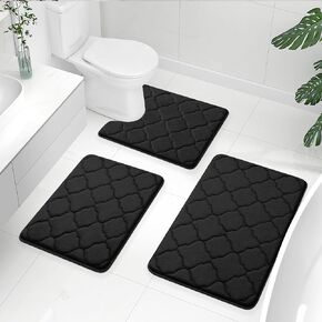 OLANLY Memory Foam Bath Mat Set of 3 Piece, Bathroom Rugs and Toilet Rug U-Shaped, Soft Thick Comfortable Bath Rugs, Machine Wash Dry, Non Slip Absorption Bath Mats for Bathroom Floor, Black