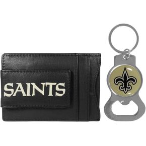 Siskiyou NFL Bottle Opener Keychain Bundle - Minimalist Leather ID Card Holder - Stay Organized & Show Off Your Team Spirit (New Orleans Saints - Black)