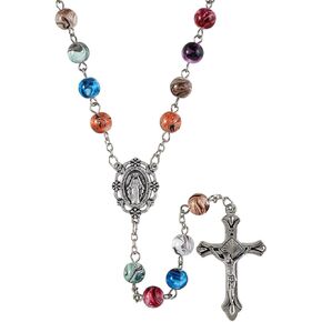 Colorful Marbled Bead Rosary with Madonna Centerpiece, 22 Inch