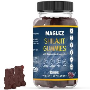 Organic Shilajit Gummies Supplement with Chaga Mushroom and Ashwagandha - Black Cherry Flavor, 60 Vegan Gummies, Gluten-Free, Fulvic & Humic Acid, Pure Himalayan Shilajit with 85+ Trace Minerals.