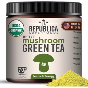La Republica Mushroom Green Tea (instant) with Reishi, Chaga, Lion's Mane, Cordyceps, Turkey Tail, Shiitake and Maitake for Focus (70 Servings)