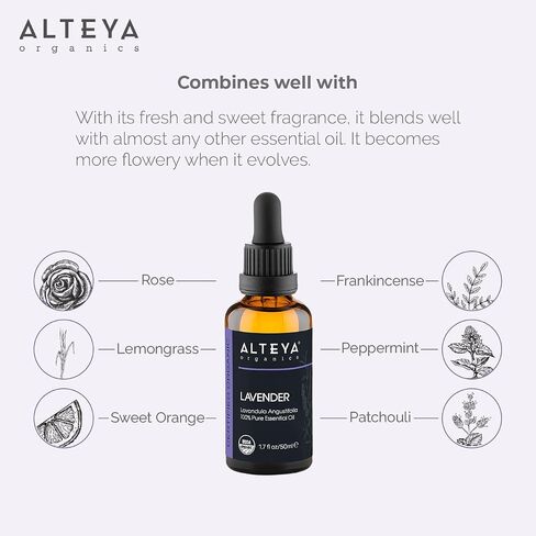 Alteya Organics Lavender Oil USDA Certified Organic Essential Oil, 3.4 Fl Oz/100 mL Steam-Distilled Lavandula Angustifolia Aromatherapy Oil in Saudi Arabia