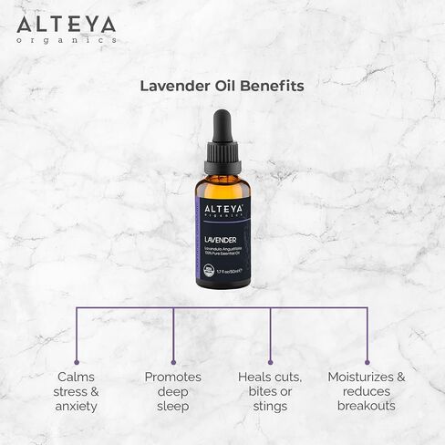 Alteya Organics Lavender Oil USDA Certified Organic Essential Oil, 3.4 Fl Oz/100 mL Steam-Distilled Lavandula Angustifolia Aromatherapy Oil in Saudi Arabia
