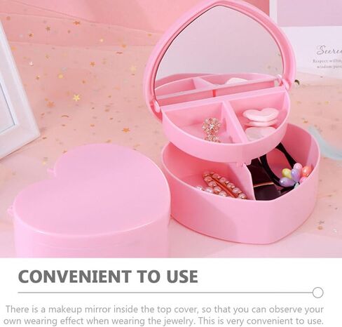 Heart Shape Double Layer Jewelry Box with Mirror Travel Jewelry Organizer Box Plastic Jewelry Trinket Box Small Jewelry Boxes Necklace Earrings Ring Storage Case for Girl in Saudi Arabia