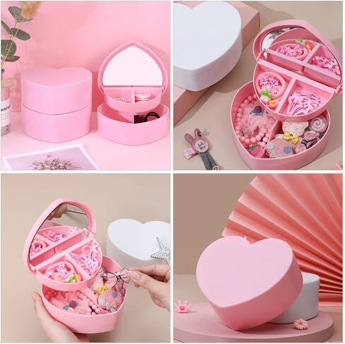 Heart Shape Double Layer Jewelry Box with Mirror Travel Jewelry Organizer Box Plastic Jewelry Trinket Box Small Jewelry Boxes Necklace Earrings Ring Storage Case for Girl in Saudi Arabia