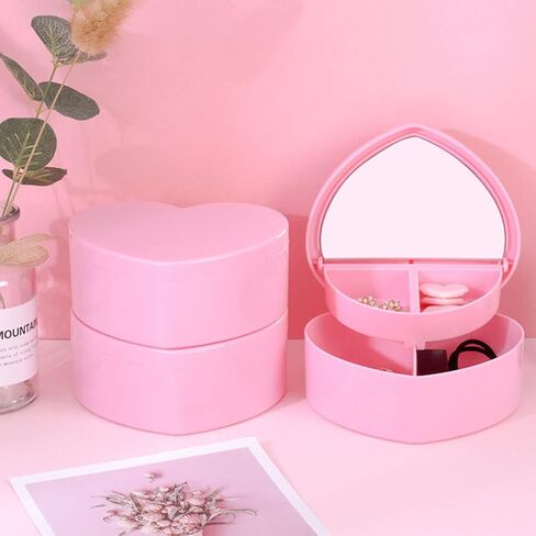 Heart Shape Double Layer Jewelry Box with Mirror Travel Jewelry Organizer Box Plastic Jewelry Trinket Box Small Jewelry Boxes Necklace Earrings Ring Storage Case for Girl in Saudi Arabia