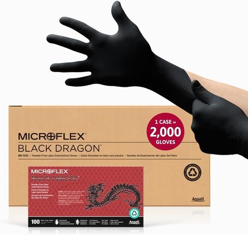 Ansell Microflex Black Dragon BD-100L 6mil Disposable Latex Gloves w/Full Texture for Food Processing, Automotive - Large, Black (Box of 100) in Saudi Arabia