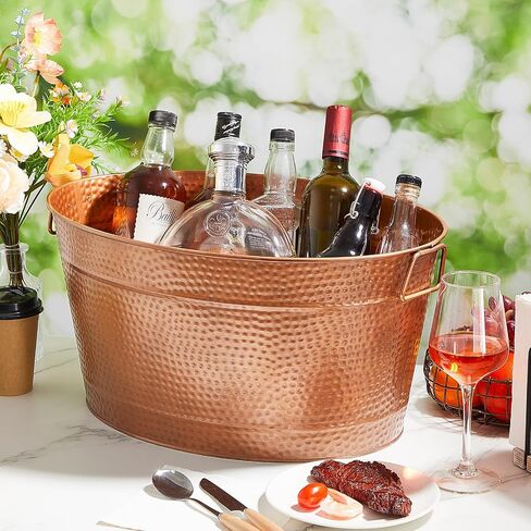 Uiifan 2 Pcs 24 Quart 6 Gallon Hammered Stainless Steel Beverage Tub Heavy Duty Oval Metal Large Ice Bucket for Drinks Bucket Cooler Ice Container for Bar Wedding Parties Anniversary Wine (Bronze) in Saudi Arabia