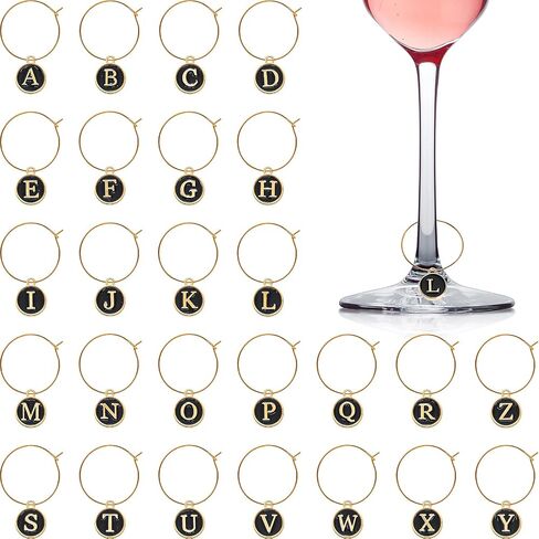 Hicarer 26 Pieces Wine Charms for Stem Glasses with Rings Tags Metal Letters Glass Charm Markers Letters Beads Markers for Wine Cocktail Champagne Party Favors Decorations Family Gathering in Saudi Arabia