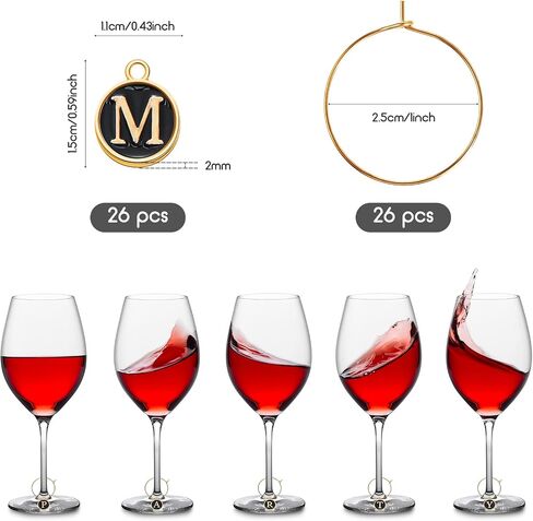 Hicarer 26 Pieces Wine Charms for Stem Glasses with Rings Tags Metal Letters Glass Charm Markers Letters Beads Markers for Wine Cocktail Champagne Party Favors Decorations Family Gathering in Saudi Arabia