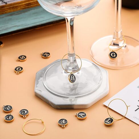 Hicarer 26 Pieces Wine Charms for Stem Glasses with Rings Tags Metal Letters Glass Charm Markers Letters Beads Markers for Wine Cocktail Champagne Party Favors Decorations Family Gathering in Saudi Arabia