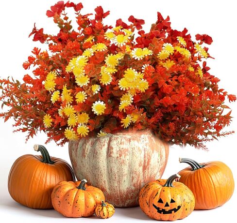 16 Bundles Artificial Flowers for Outdoors, 4 Styles Fake Fall Mums Autumn Plants for Garden Decor Window Box Porch Patio Hanging Planter Pathway Front Porch Thanksgiving Xmax Decor (Light Orange) in Saudi Arabia