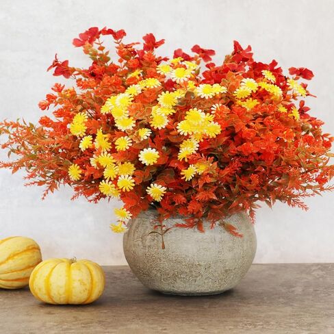 16 Bundles Artificial Flowers for Outdoors, 4 Styles Fake Fall Mums Autumn Plants for Garden Decor Window Box Porch Patio Hanging Planter Pathway Front Porch Thanksgiving Xmax Decor (Light Orange) in Saudi Arabia