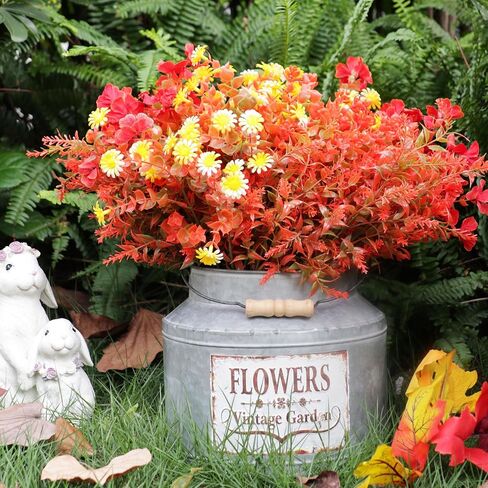 16 Bundles Artificial Flowers for Outdoors, 4 Styles Fake Fall Mums Autumn Plants for Garden Decor Window Box Porch Patio Hanging Planter Pathway Front Porch Thanksgiving Xmax Decor (Light Orange) in Saudi Arabia