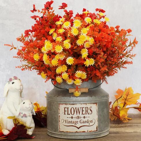 16 Bundles Artificial Flowers for Outdoors, 4 Styles Fake Fall Mums Autumn Plants for Garden Decor Window Box Porch Patio Hanging Planter Pathway Front Porch Thanksgiving Xmax Decor (Light Orange) in Saudi Arabia