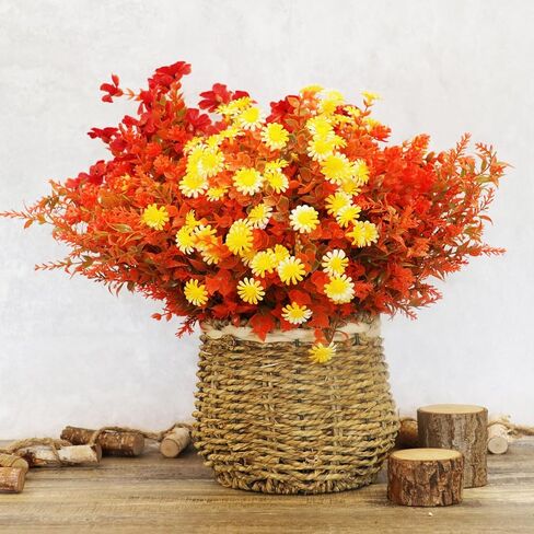 16 Bundles Artificial Flowers for Outdoors, 4 Styles Fake Fall Mums Autumn Plants for Garden Decor Window Box Porch Patio Hanging Planter Pathway Front Porch Thanksgiving Xmax Decor (Light Orange) in Saudi Arabia
