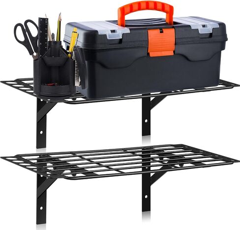 2 Pack Garage Shelves Wall Mounted Heavy Duty Garage Shelving Tool Organizer for Home Garden Shop Shed Garage Organization and Storage, Each 50lb Load Capacity, Black,15.8" x 7.9" in Saudi Arabia