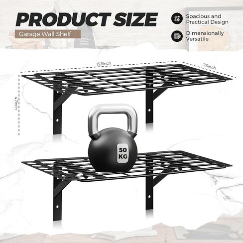 2 Pack Garage Shelves Wall Mounted Heavy Duty Garage Shelving Tool Organizer for Home Garden Shop Shed Garage Organization and Storage, Each 50lb Load Capacity, Black,15.8" x 7.9" in Saudi Arabia