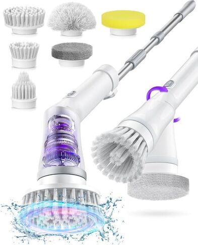 جهاز تنظيف كهربائي دوار [السرعة الثانية، بطارية 2000 مللي أمبير، مقاومة للماء IPX6] مع 6 رؤوس فرشاة بديلة ومقبض تمديد قابل للتعديل لتنظيف الحمام والأرضيات والبلاط in Kuwait