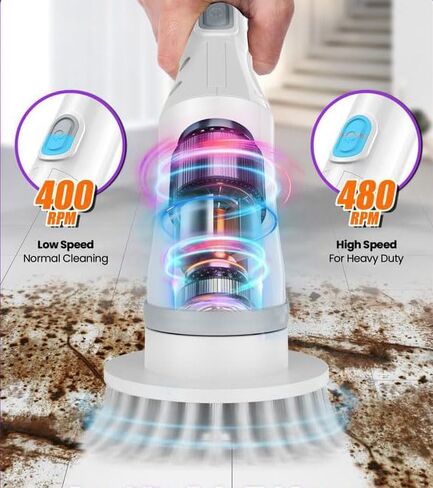 جهاز تنظيف كهربائي دوار [السرعة الثانية، بطارية 2000 مللي أمبير، مقاومة للماء IPX6] مع 6 رؤوس فرشاة بديلة ومقبض تمديد قابل للتعديل لتنظيف الحمام والأرضيات والبلاط in Kuwait