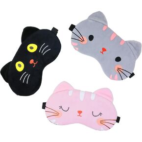 Honbay 3PCS Cute Cat Cartoon Animal Eyeshade Soft Sleep Eye Mask with Adjustable Elastic Head Strap for Travel, Game, Party, Rest, Sleeping