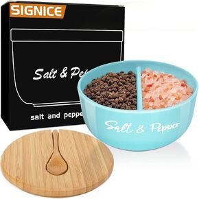 Ceramic Salt and Pepper Bowls Salt Cellar with Bamboo Lid and Spoon, Farmhouse Salt Box Holder Pepper Container Set with Two Compartments for Countertop, Modern Kitchen Decor (Turquoise)