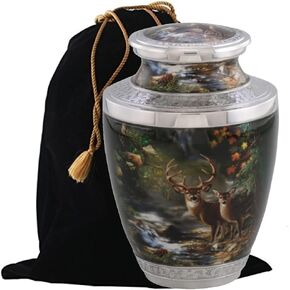 Forest Deer Cremation Urn, Handcrafted Metal Urn for Human Ashes, Adult Cremation Urn with Velvet Bag