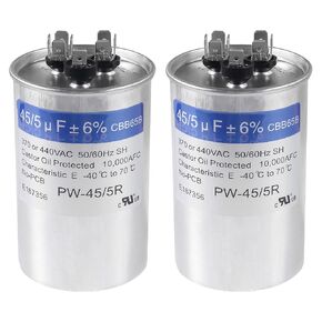 2 Pack 45+5 uF ±6% 45/5 MFD 370/440 VAC CBB65 Dual Run Start Round Capacitor for Condenser Straight Cool or Heat Pump Air Conditioner or AC Motor and Fan Starting