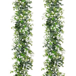 SOMYTING Artificial Eucalyptus Garland with White Flowers, 2 Packs 6Ft Artificial Greenery Garland Fake Hanging Flower Garland Plant Artificial Vines for Wedding Backdrop Arch Wall Table Decor