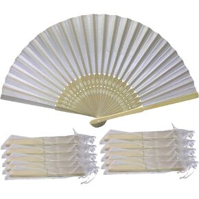 Rangebow Pack of 10 Wholesale Silk Fabric White Hand Fan Bamboo Ribs Wedding Party Favour (White)